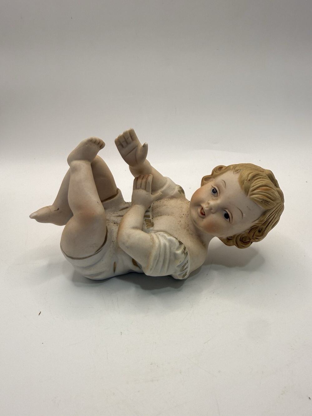 Vintage Bisque Porcelain Piano Baby Figurine Lying On Back *